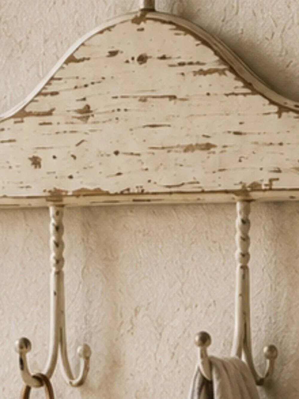 2- Vintage Primitive Whitewashed Wooden Coat Hanger Rack With Four Double Hooks